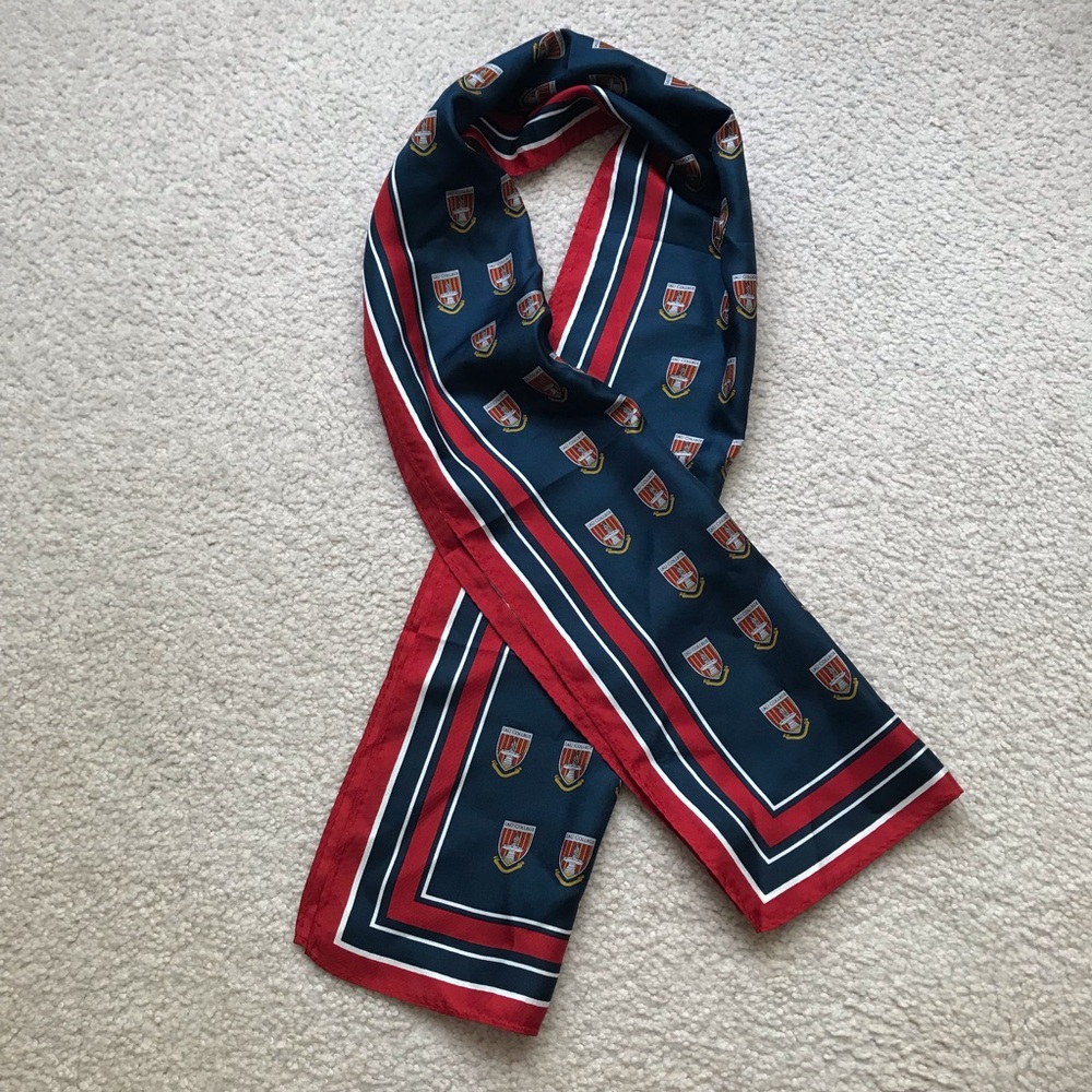 NWOT 100% Silk Navy Crest Print Rectangular Scarf with Red Border